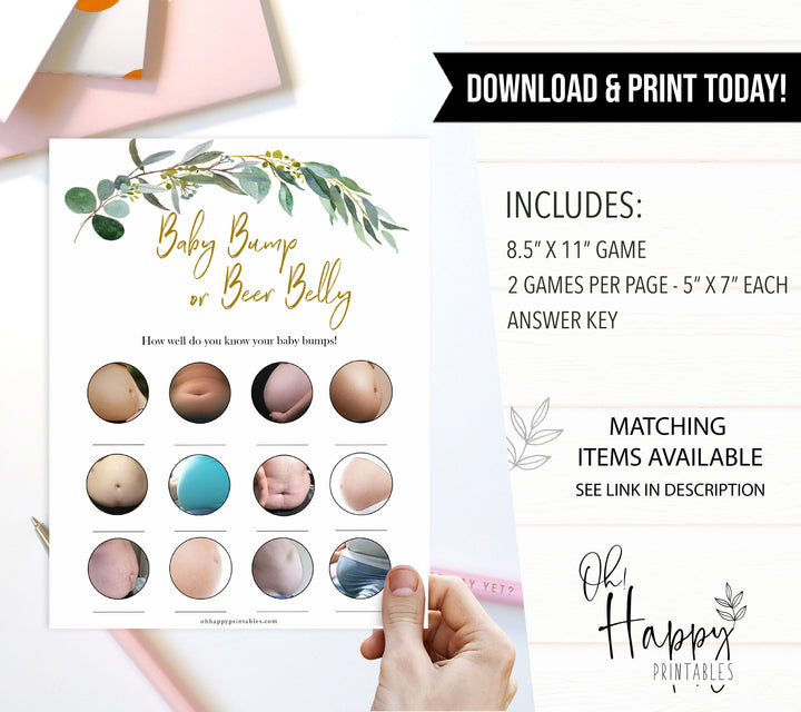 Eucalyptus baby shower games, baby bump or beer belly baby game, fun baby shower games, printable baby games, baby shower ideas, baby games, baby shower baby shower bundle, baby shower games packs, botanical baby shower