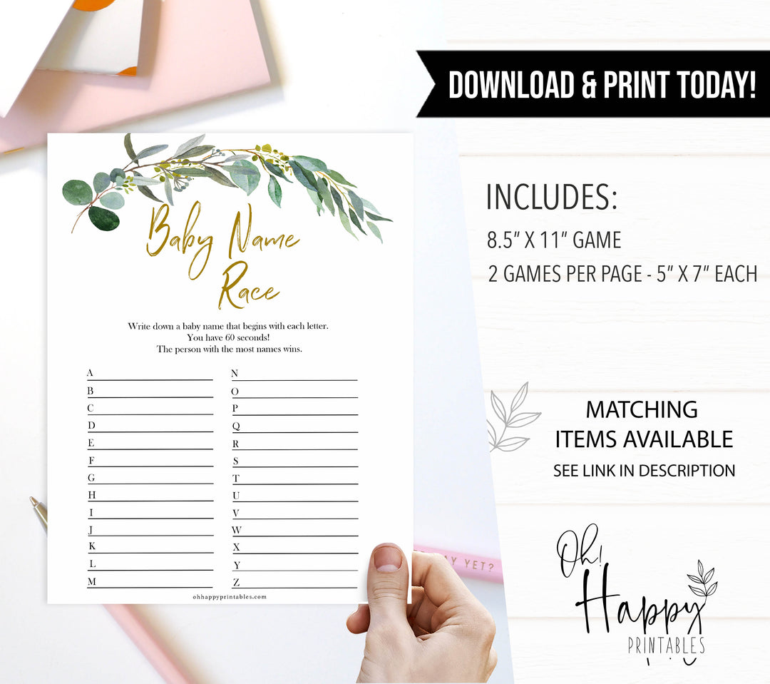 Eucalyptus baby shower games, baby name race baby game, fun baby shower games, printable baby games, baby shower ideas, baby games, baby shower baby shower bundle, baby shower games packs, botanical baby shower