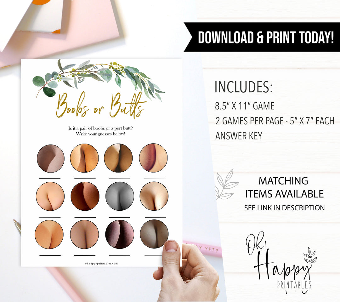 Eucalyptus baby shower games, boobs or butts baby game, fun baby shower games, printable baby games, baby shower ideas, baby games, baby shower baby shower bundle, baby shower games packs, botanical baby shower