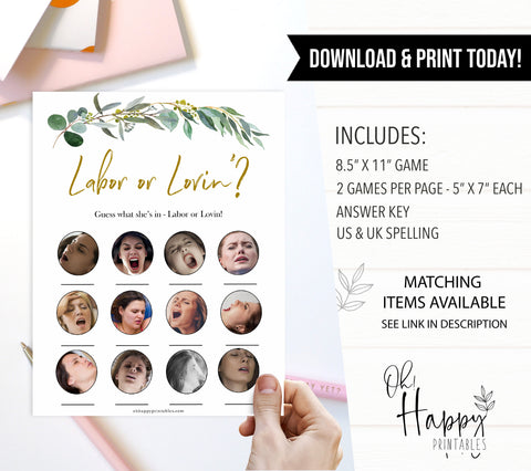 Eucalyptus baby shower games, labor or lovin game baby game, labor or porn baby game, fun baby shower games, printable baby games, baby shower ideas, baby games, baby shower baby shower bundle, baby shower games packs, botanical baby shower