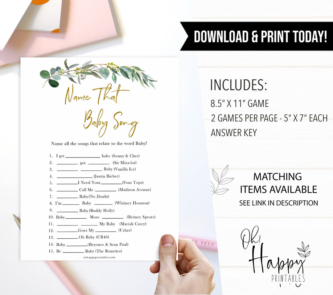 Eucalyptus baby shower games, name that baby song game baby game, fun baby shower games, printable baby games, baby shower ideas, baby games, baby shower baby shower bundle, baby shower games packs, botanical baby shower