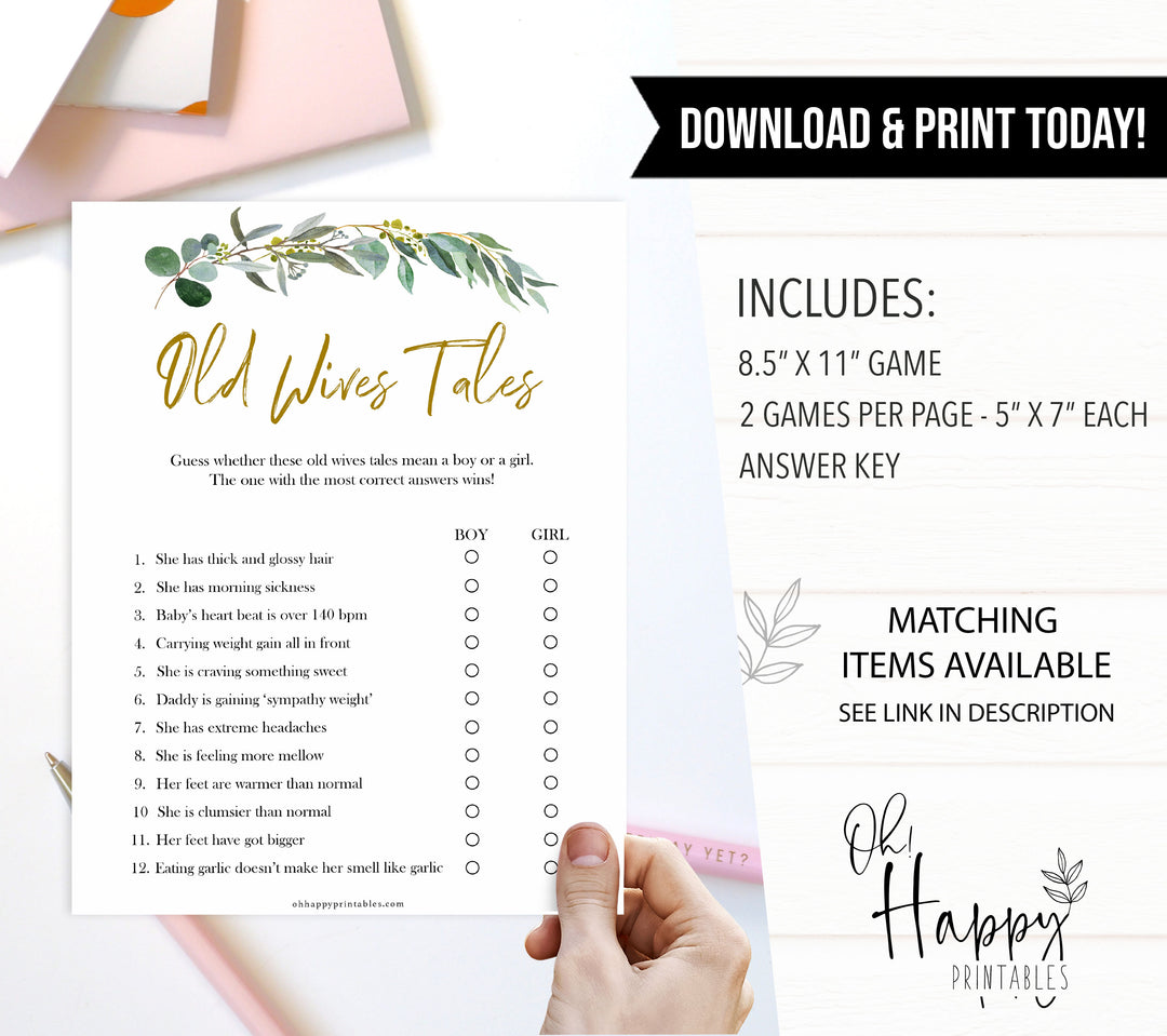 Eucalyptus baby shower games, old wives tales baby game, fun baby shower games, printable baby games, baby shower ideas, baby games, baby shower baby shower bundle, baby shower games packs, botanical baby shower