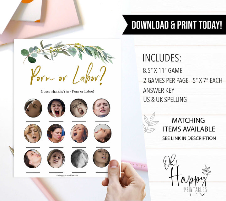 Eucalyptus baby games, labor or porn, baby bump or beer belly, printable baby shower games, fun baby games, top baby games, best baby games, baby shower games