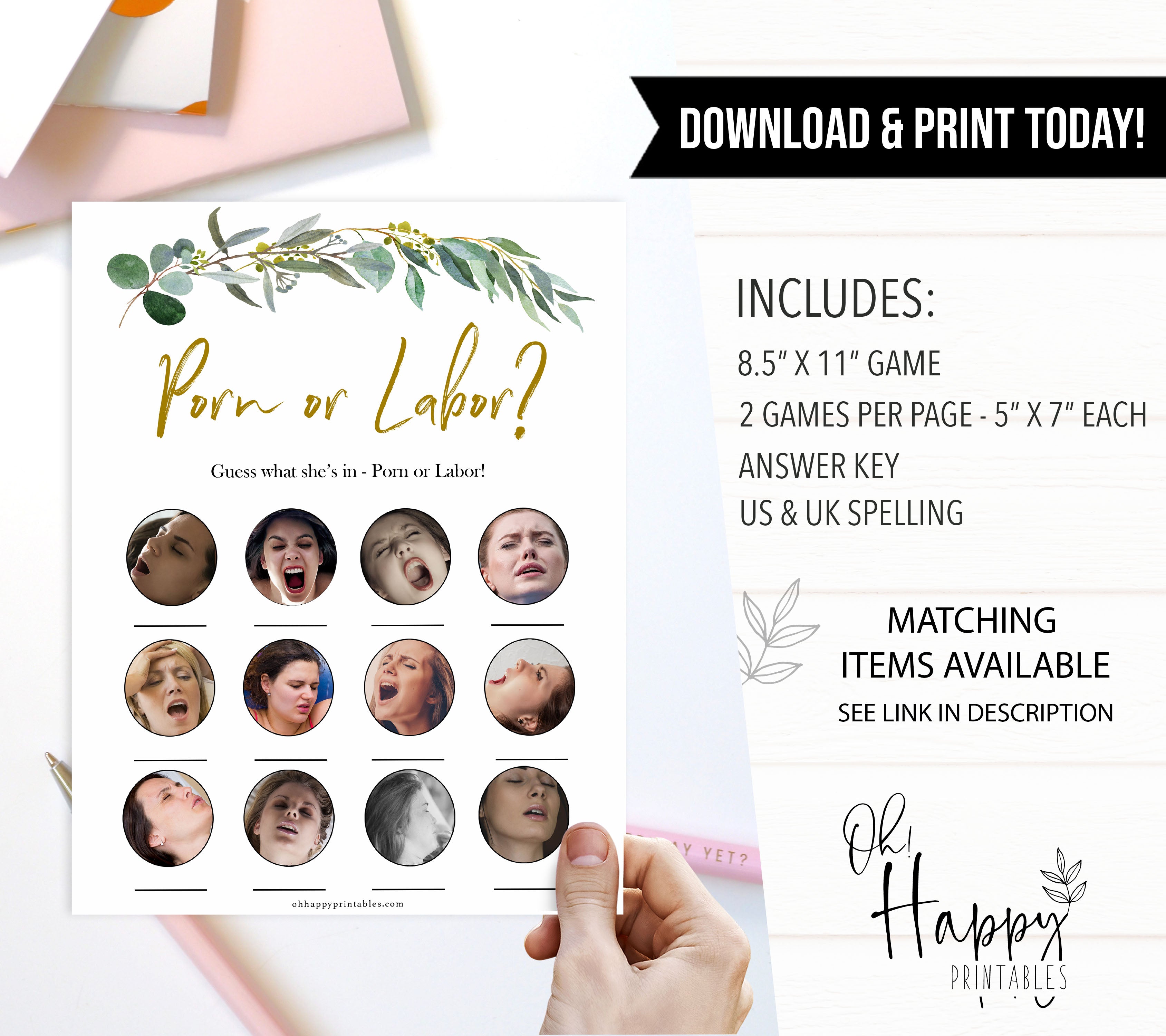 Eucalyptus baby shower games, porn or labor, labor or porn game baby game, fun baby shower games, printable baby games, baby shower ideas, baby games, baby shower baby shower bundle, baby shower games packs, botanical baby shower