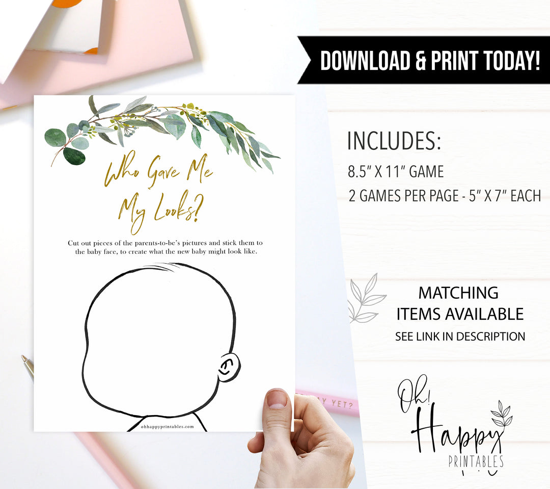 Eucalyptus baby shower games, who gave me my looks game baby game, fun baby shower games, printable baby games, baby shower ideas, baby games, baby shower baby shower bundle, baby shower games packs, botanical baby shower