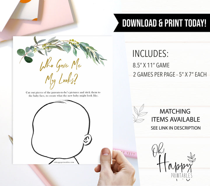 Eucalyptus baby shower games, who gave me my looks game baby game, fun baby shower games, printable baby games, baby shower ideas, baby games, baby shower baby shower bundle, baby shower games packs, botanical baby shower