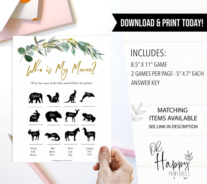 Eucalyptus baby shower games, who is my mama game baby game, fun baby shower games, printable baby games, baby shower ideas, baby games, baby shower baby shower bundle, baby shower games packs, botanical baby shower