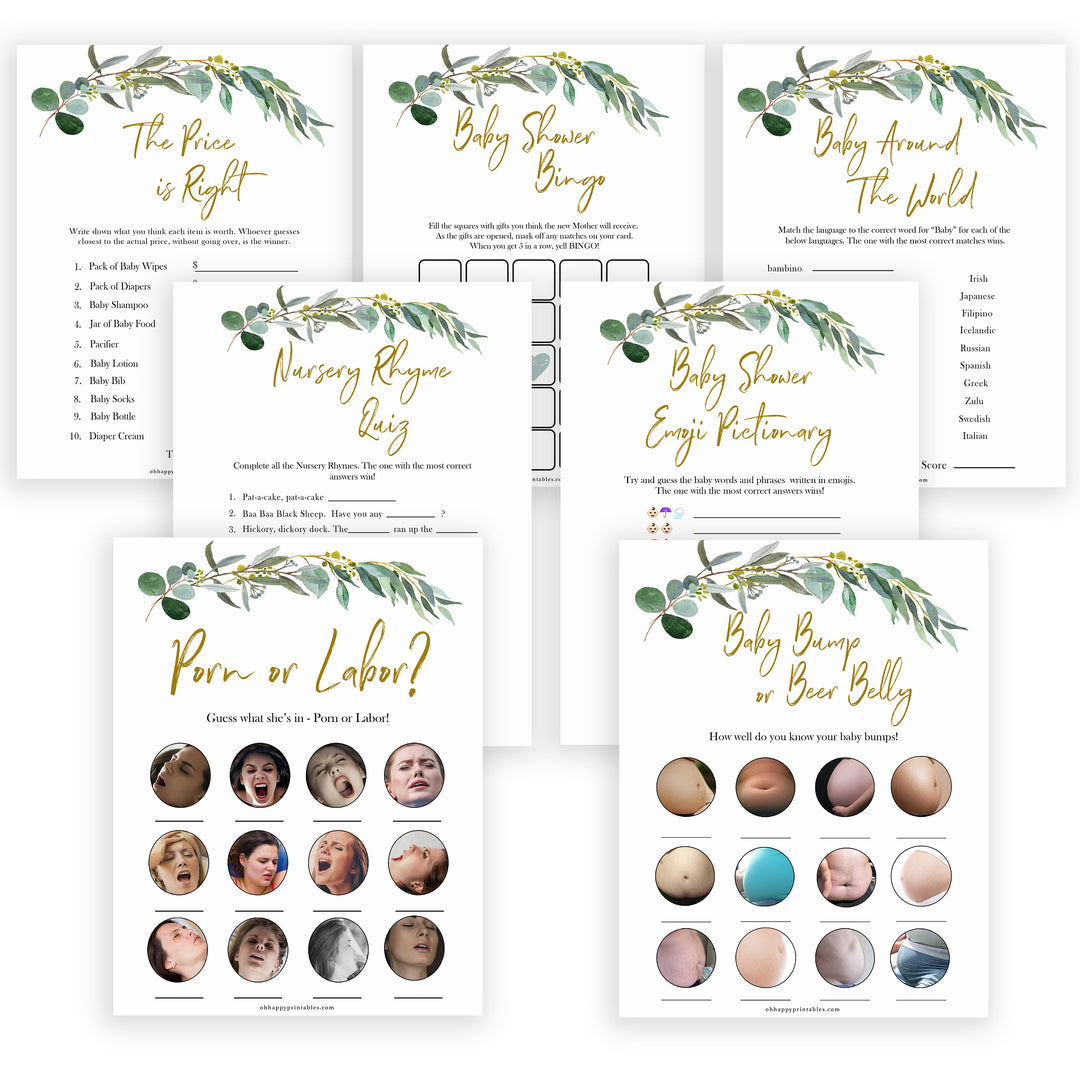 Eucalyptus baby shower games, fun baby shower games, printable baby games, baby shower ideas, baby games, baby shower baby shower bundle, baby shower games packs