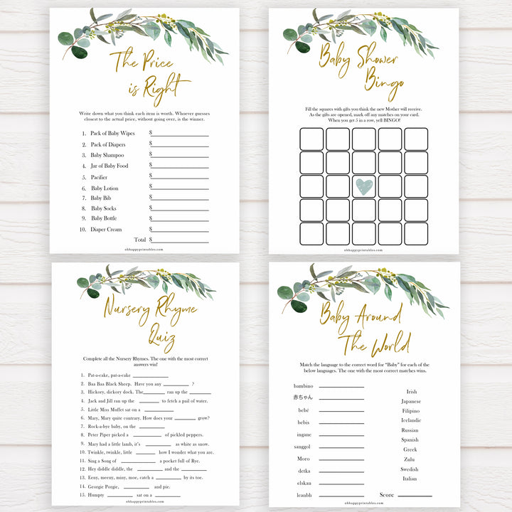 Eucalyptus baby shower games, fun baby shower games, printable baby games, baby shower ideas, baby games, baby shower baby shower bundle, baby shower games packs