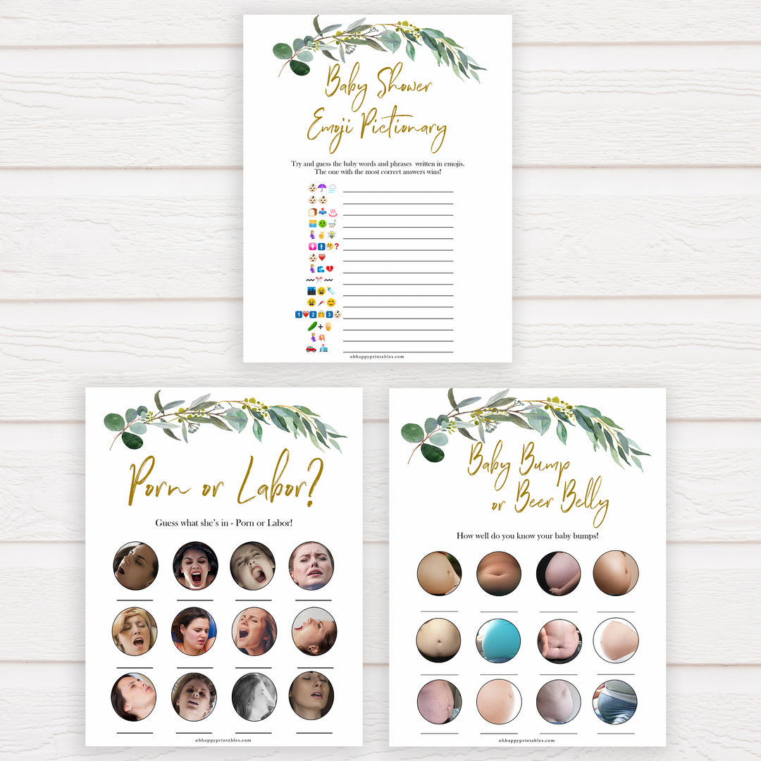 Eucalyptus baby shower games, fun baby shower games, printable baby games, baby shower ideas, baby games, baby shower baby shower bundle, baby shower games packs