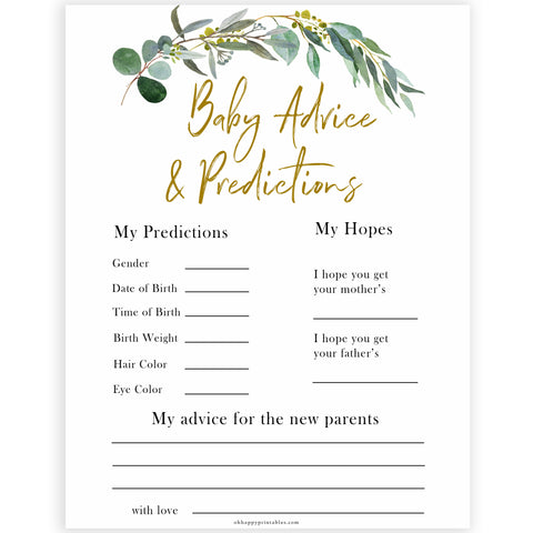 Eucalyptus baby shower games, baby advice and predictions baby game, fun baby shower games, printable baby games, baby shower ideas, baby games, baby shower baby shower bundle, baby shower games packs, botanical baby shower