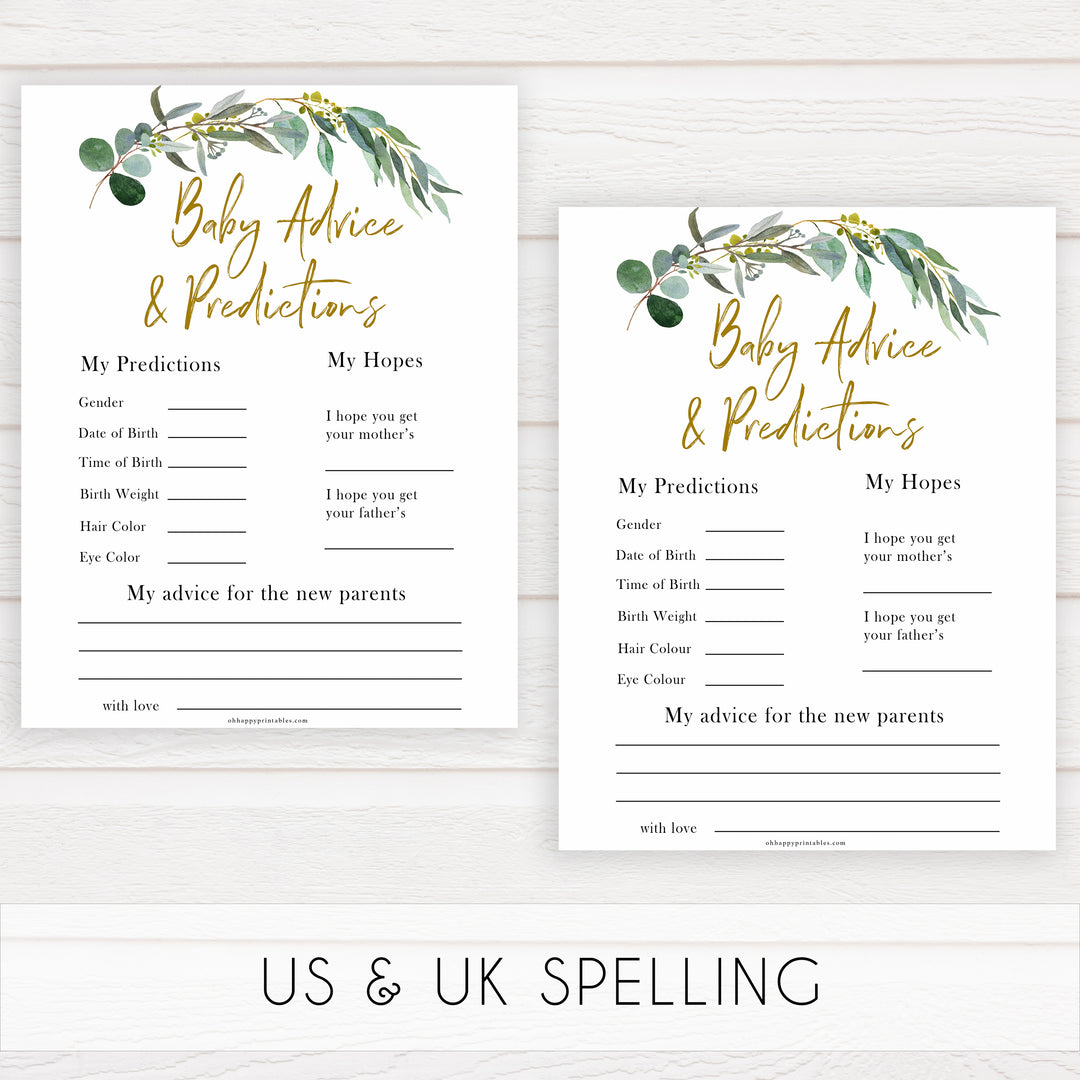 Eucalyptus baby shower games, baby advice and predictions baby game, fun baby shower games, printable baby games, baby shower ideas, baby games, baby shower baby shower bundle, baby shower games packs, botanical baby shower