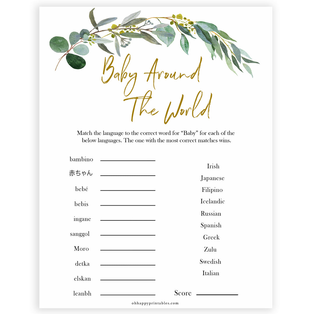 Eucalyptus baby shower games, baby around the world baby game, fun baby shower games, printable baby games, baby shower ideas, baby games, baby shower baby shower bundle, baby shower games packs, botanical baby shower