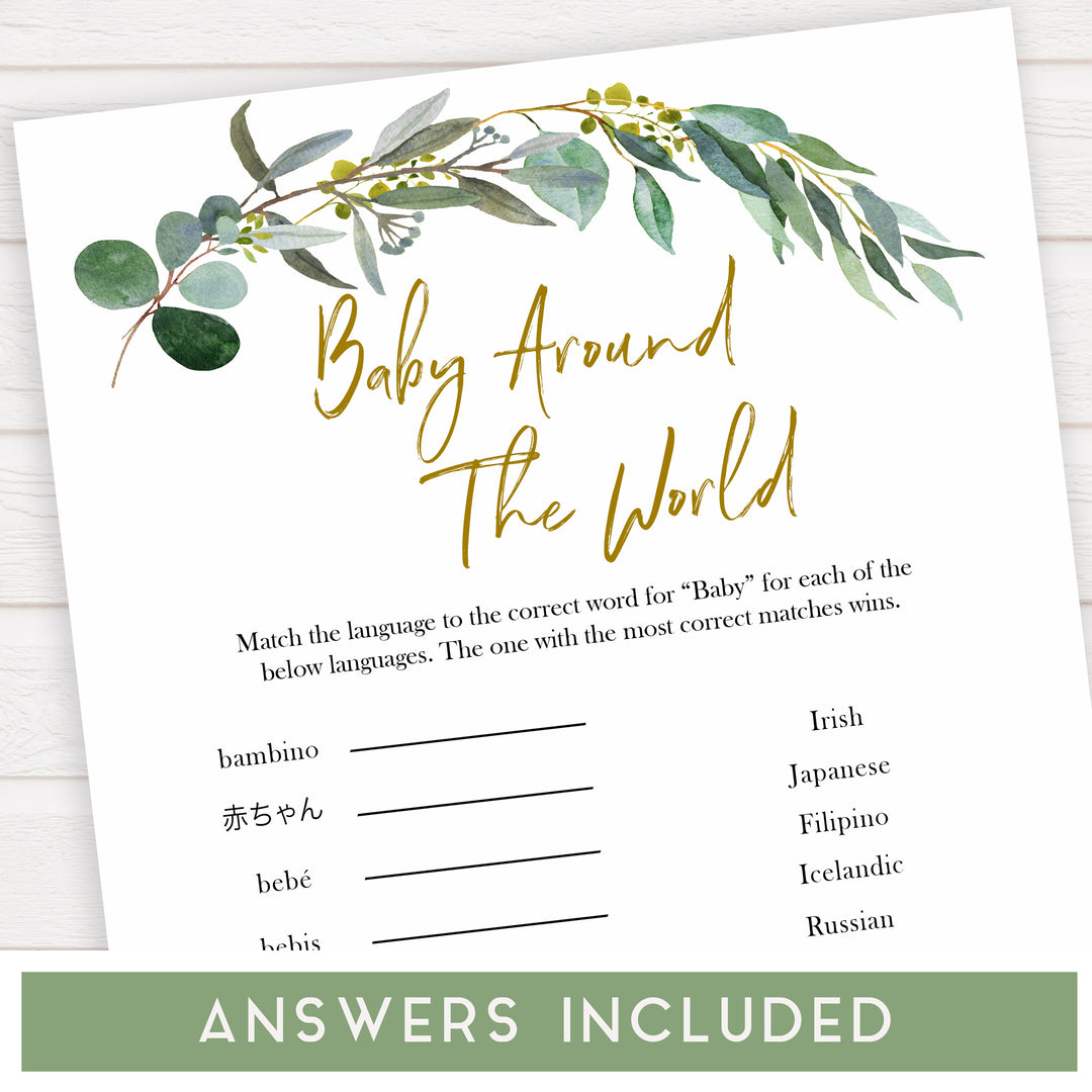 Eucalyptus baby shower games, baby around the world baby game, fun baby shower games, printable baby games, baby shower ideas, baby games, baby shower baby shower bundle, baby shower games packs, botanical baby shower
