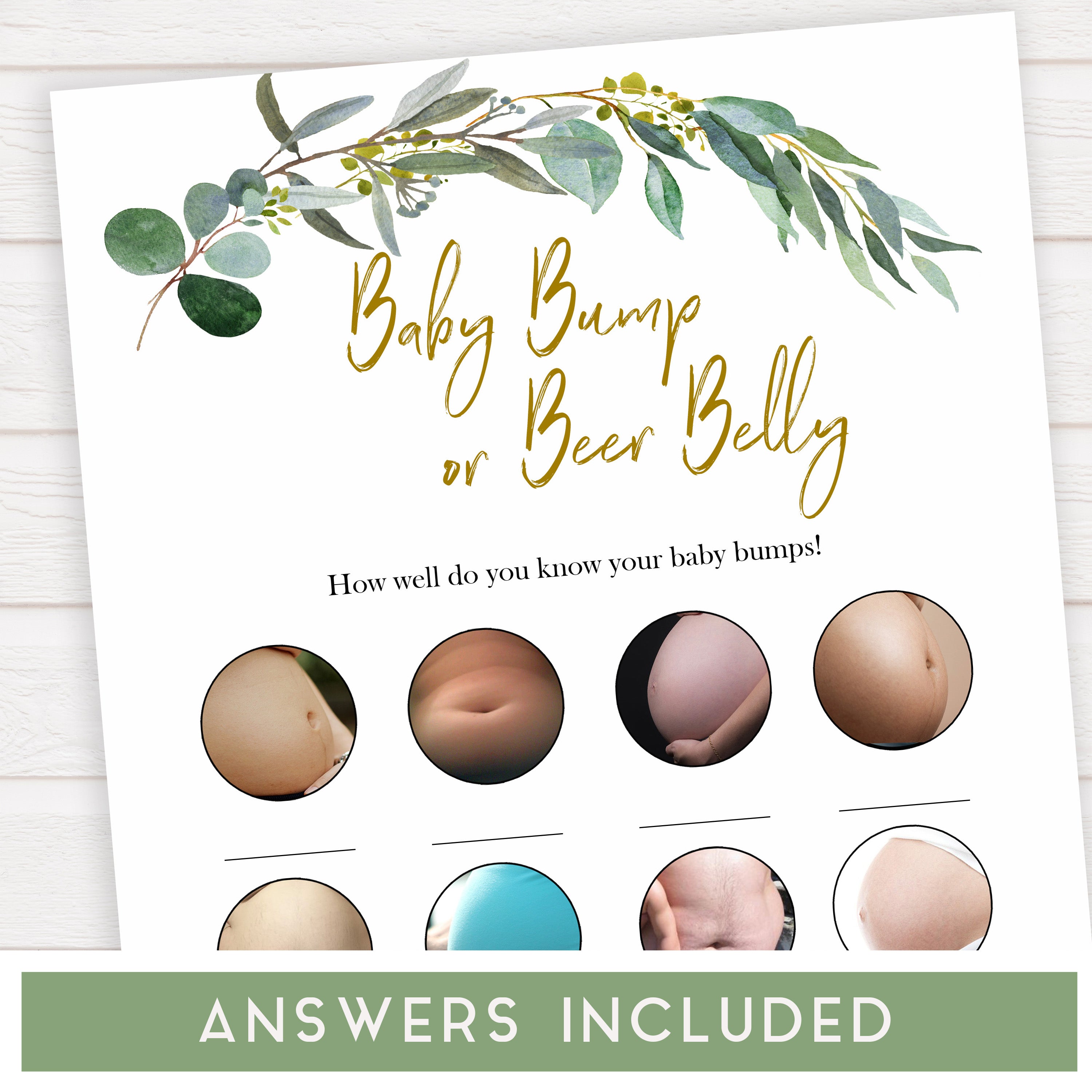 Eucalyptus baby shower games, baby bump or beer belly baby game, fun baby shower games, printable baby games, baby shower ideas, baby games, baby shower baby shower bundle, baby shower games packs, botanical baby shower
