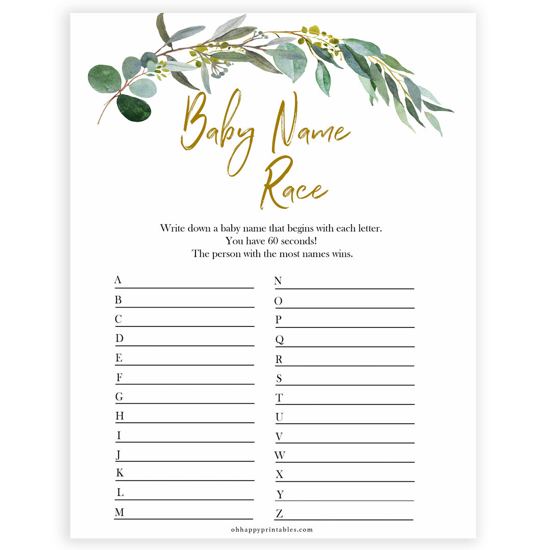 Eucalyptus baby shower games, baby name race baby game, fun baby shower games, printable baby games, baby shower ideas, baby games, baby shower baby shower bundle, baby shower games packs, botanical baby shower