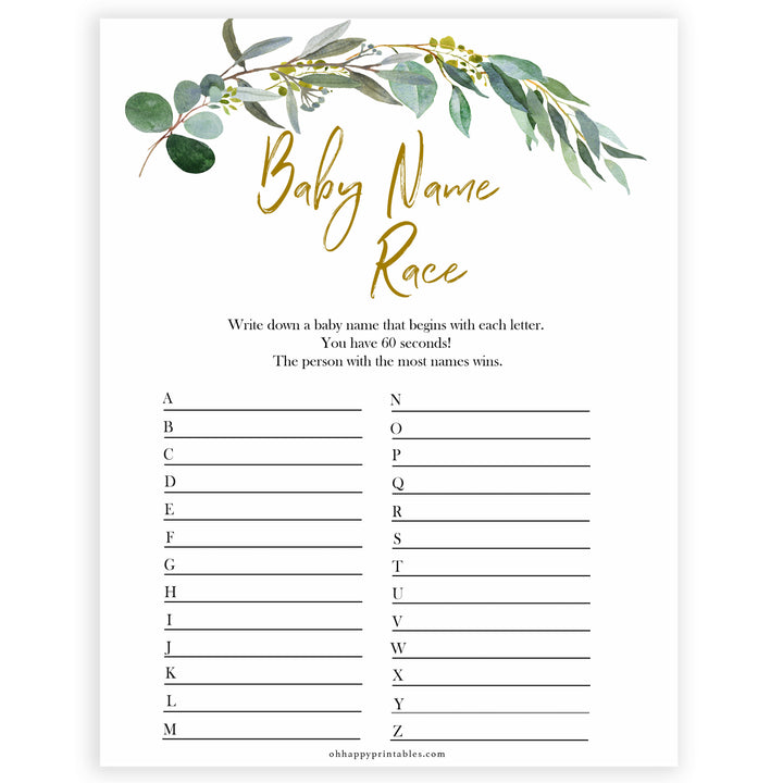 Eucalyptus baby shower games, baby name race baby game, fun baby shower games, printable baby games, baby shower ideas, baby games, baby shower baby shower bundle, baby shower games packs, botanical baby shower