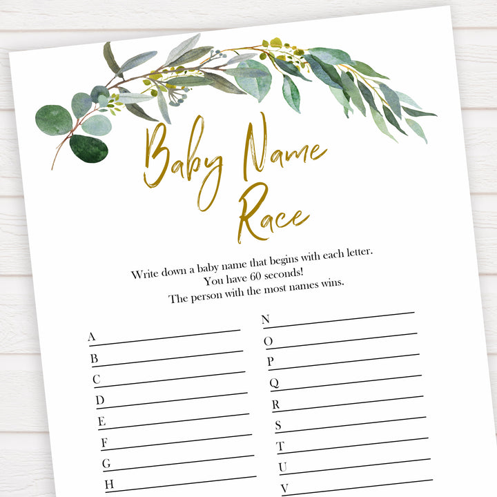 Eucalyptus baby shower games, baby name race baby game, fun baby shower games, printable baby games, baby shower ideas, baby games, baby shower baby shower bundle, baby shower games packs, botanical baby shower
