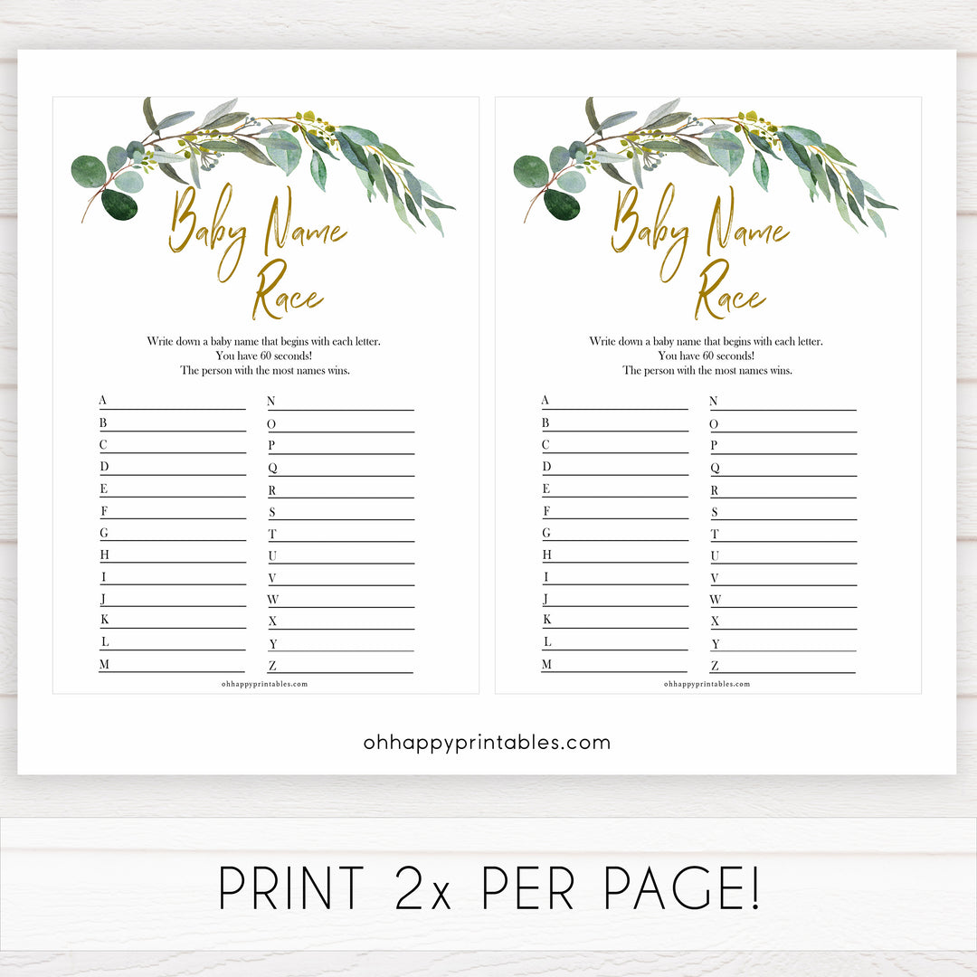 Eucalyptus baby shower games, baby name race baby game, fun baby shower games, printable baby games, baby shower ideas, baby games, baby shower baby shower bundle, baby shower games packs, botanical baby shower