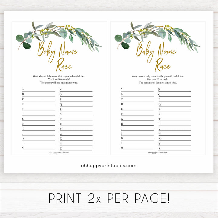 Eucalyptus baby shower games, baby name race baby game, fun baby shower games, printable baby games, baby shower ideas, baby games, baby shower baby shower bundle, baby shower games packs, botanical baby shower