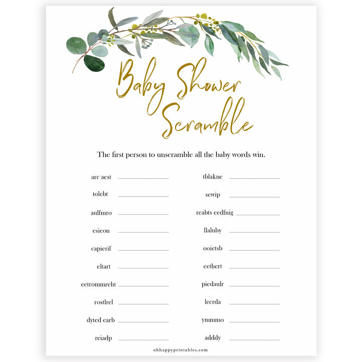 Eucalyptus baby shower games, baby scramble baby game, fun baby shower games, printable baby games, baby shower ideas, baby games, baby shower baby shower bundle, baby shower games packs, botanical baby shower