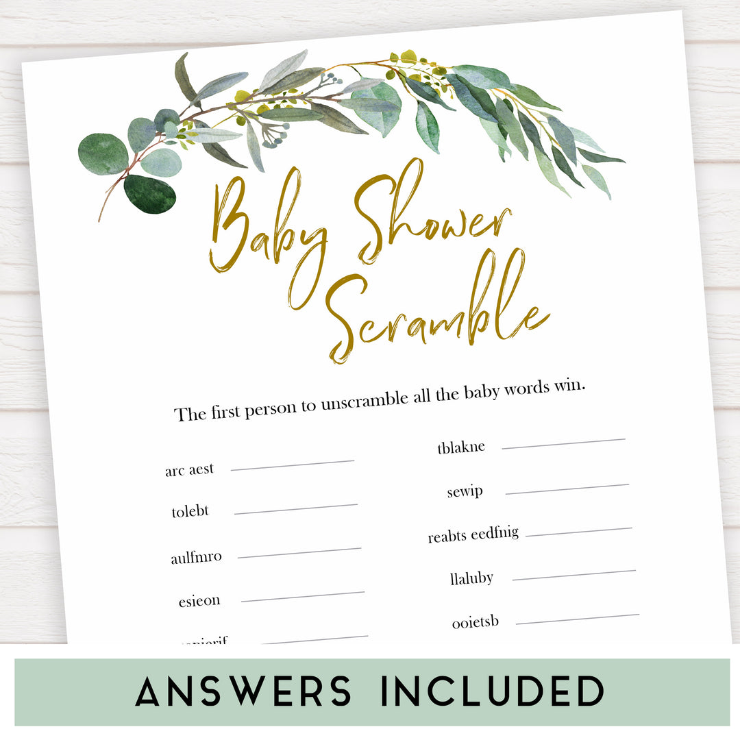 Eucalyptus baby shower games, baby scramble baby game, fun baby shower games, printable baby games, baby shower ideas, baby games, baby shower baby shower bundle, baby shower games packs, botanical baby shower