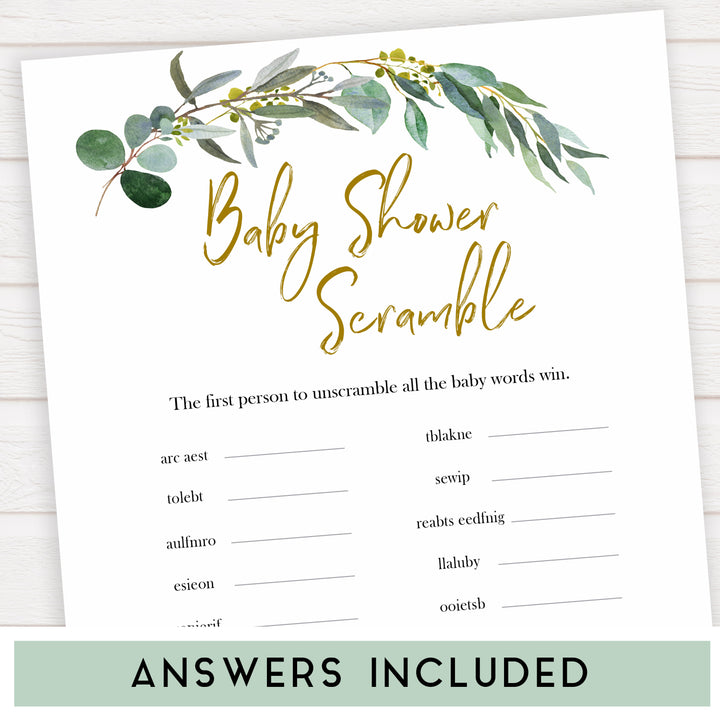 Eucalyptus baby shower games, baby scramble baby game, fun baby shower games, printable baby games, baby shower ideas, baby games, baby shower baby shower bundle, baby shower games packs, botanical baby shower