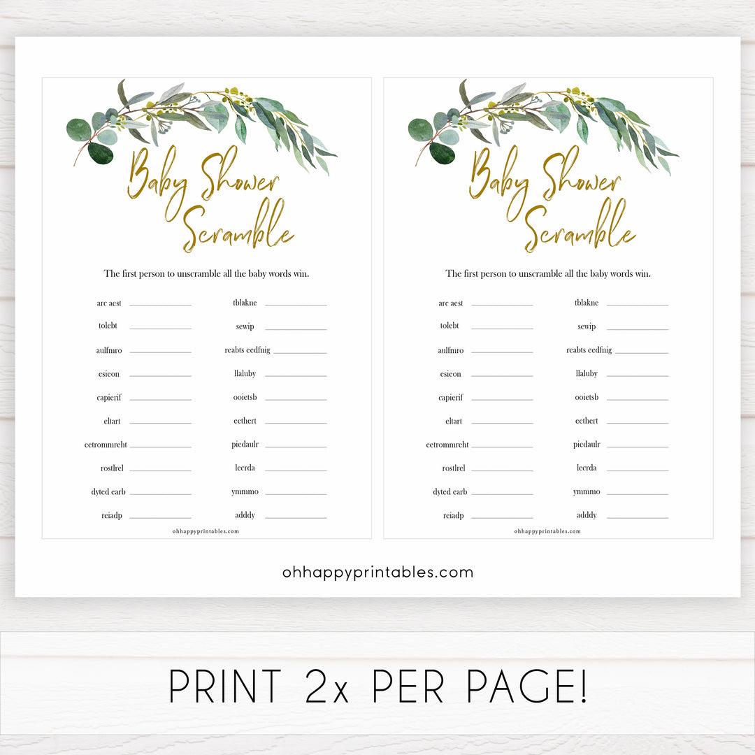 Eucalyptus baby shower games, baby scramble baby game, fun baby shower games, printable baby games, baby shower ideas, baby games, baby shower baby shower bundle, baby shower games packs, botanical baby shower
