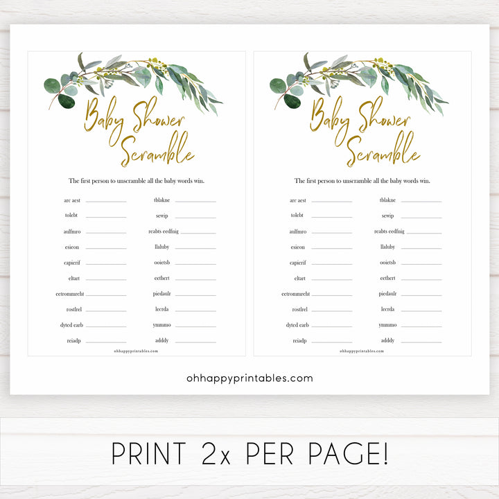 Eucalyptus baby shower games, baby scramble baby game, fun baby shower games, printable baby games, baby shower ideas, baby games, baby shower baby shower bundle, baby shower games packs, botanical baby shower