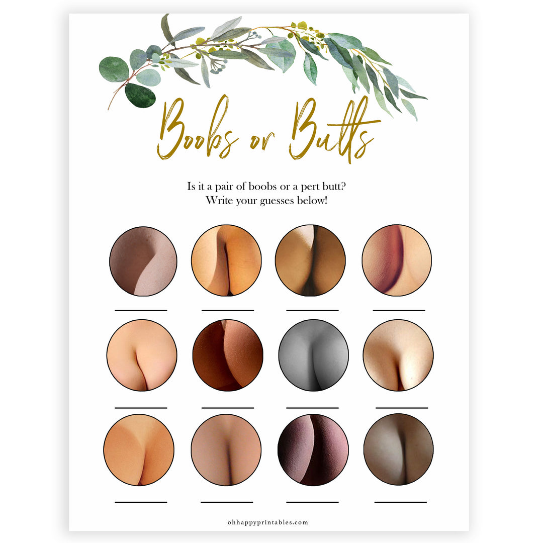 Eucalyptus baby shower games, boobs or butts baby game, fun baby shower games, printable baby games, baby shower ideas, baby games, baby shower baby shower bundle, baby shower games packs, botanical baby shower