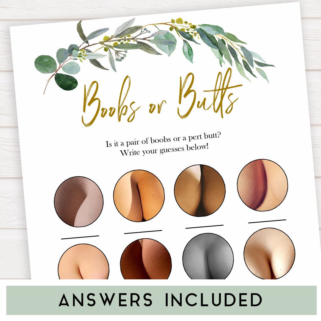 Eucalyptus baby shower games, boobs or butts baby game, fun baby shower games, printable baby games, baby shower ideas, baby games, baby shower baby shower bundle, baby shower games packs, botanical baby shower