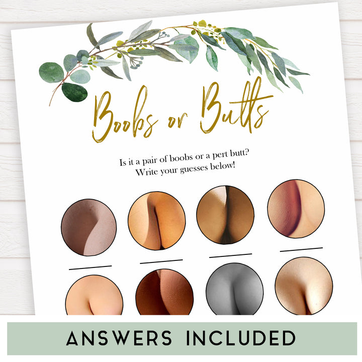 Eucalyptus baby shower games, boobs or butts baby game, fun baby shower games, printable baby games, baby shower ideas, baby games, baby shower baby shower bundle, baby shower games packs, botanical baby shower