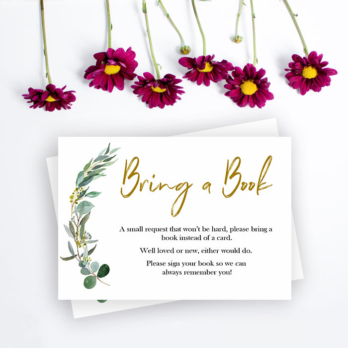 eucalyptus baby shower games, bring a book baby shower insert, bring a book, floral baby games, top 10 baby games