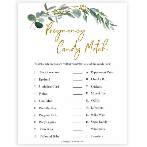 Eucalyptus baby shower games, pregnancy candy match game baby game, fun baby shower games, printable baby games, baby shower ideas, baby games, baby shower baby shower bundle, baby shower games packs, botanical baby shower