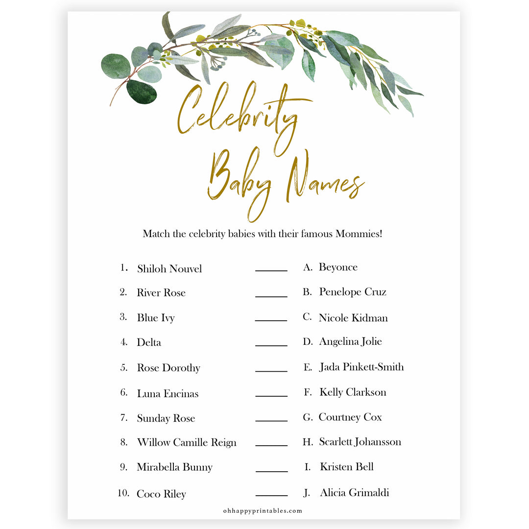 Eucalyptus baby shower games, celebrity baby names baby game, fun baby shower games, printable baby games, baby shower ideas, baby games, baby shower baby shower bundle, baby shower games packs, botanical baby shower
