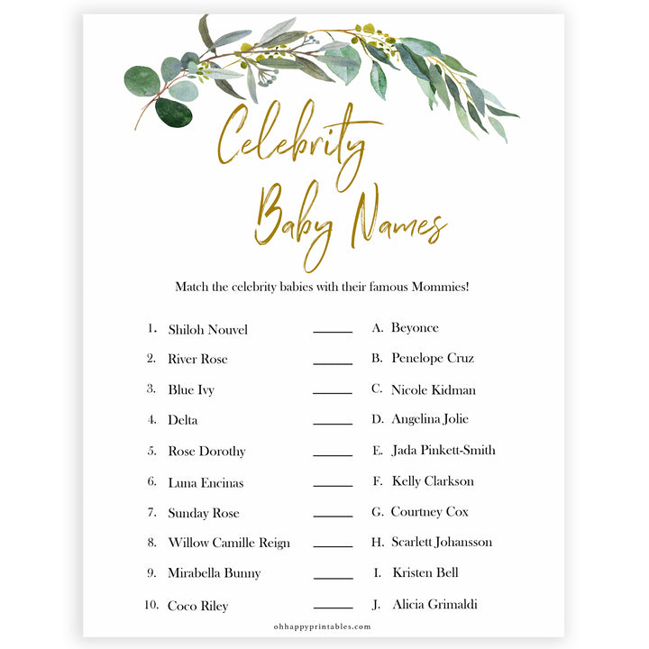 Eucalyptus baby shower games, celebrity baby names baby game, fun baby shower games, printable baby games, baby shower ideas, baby games, baby shower baby shower bundle, baby shower games packs, botanical baby shower