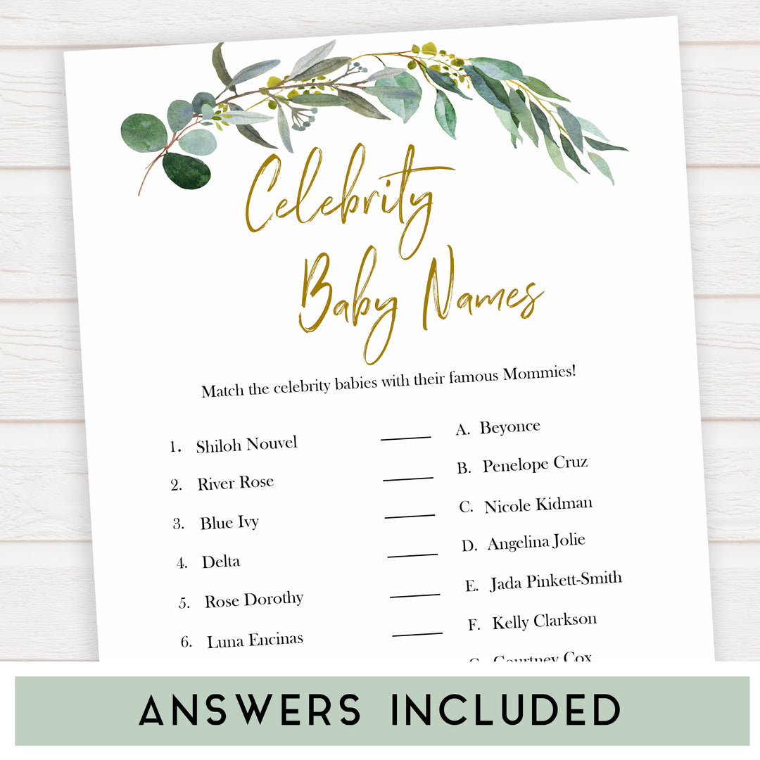 Eucalyptus baby shower games, celebrity baby names baby game, fun baby shower games, printable baby games, baby shower ideas, baby games, baby shower baby shower bundle, baby shower games packs, botanical baby shower