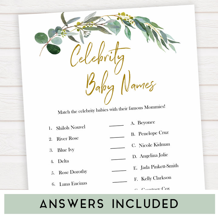 Eucalyptus baby shower games, celebrity baby names baby game, fun baby shower games, printable baby games, baby shower ideas, baby games, baby shower baby shower bundle, baby shower games packs, botanical baby shower
