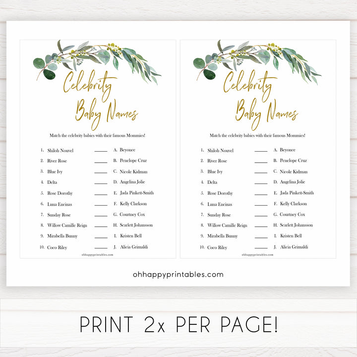 Eucalyptus baby shower games, celebrity baby names baby game, fun baby shower games, printable baby games, baby shower ideas, baby games, baby shower baby shower bundle, baby shower games packs, botanical baby shower