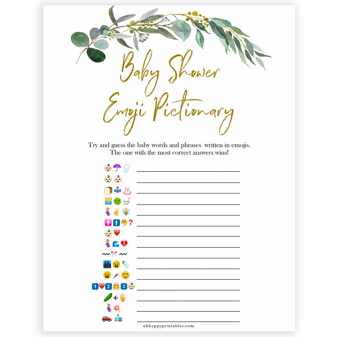 Eucalyptus baby shower games, emoji pictionary baby game, fun baby shower games, printable baby games, baby shower ideas, baby games, baby shower baby shower bundle, baby shower games packs, botanical baby shower