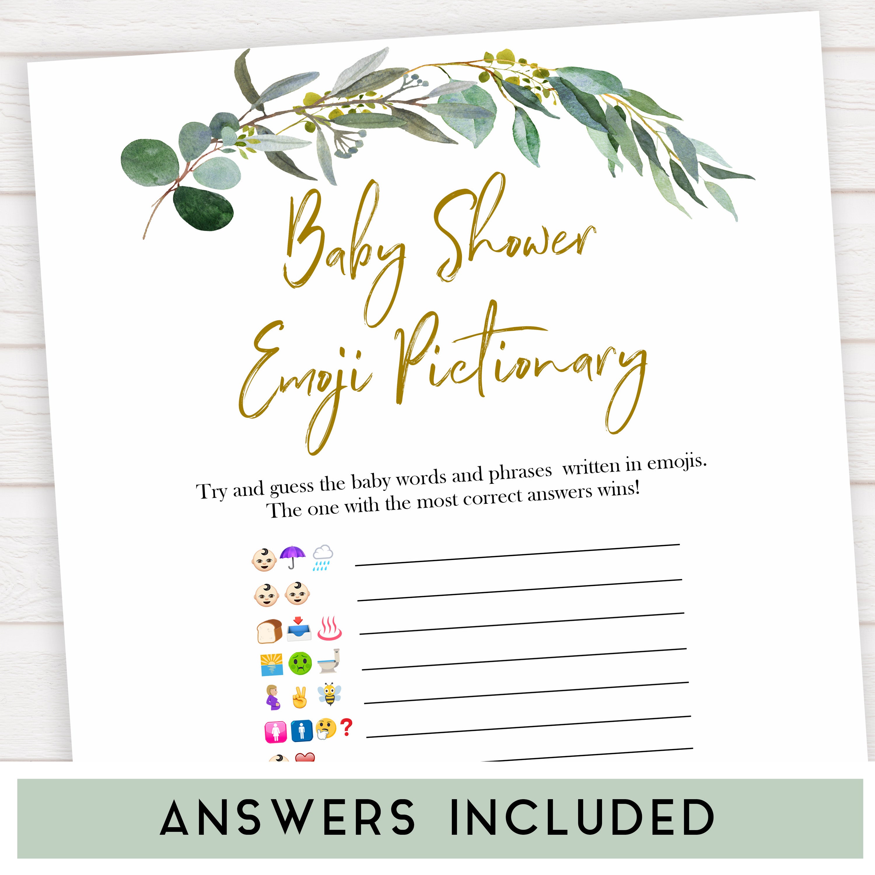 Eucalyptus baby shower games, emoji pictionary baby game, fun baby shower games, printable baby games, baby shower ideas, baby games, baby shower baby shower bundle, baby shower games packs, botanical baby shower