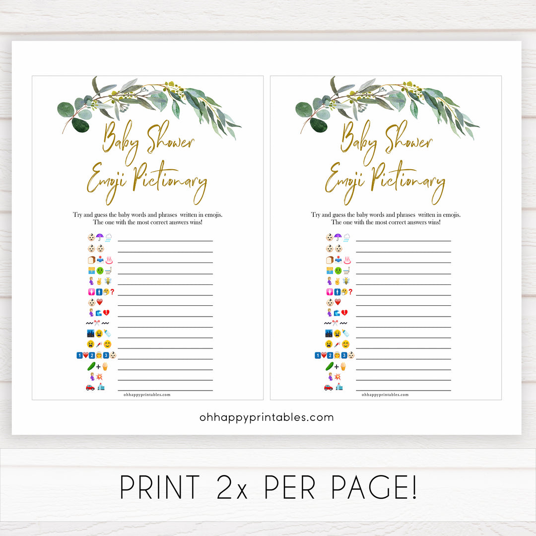 Eucalyptus baby shower games, emoji pictionary baby game, fun baby shower games, printable baby games, baby shower ideas, baby games, baby shower baby shower bundle, baby shower games packs, botanical baby shower