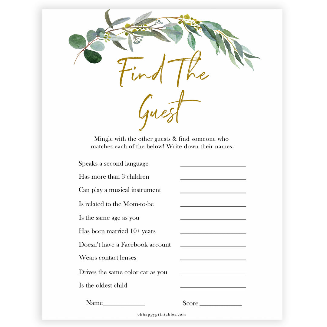 Eucalyptus baby shower games, Find The Guest baby game, fun baby shower games, printable baby games, baby shower ideas, baby games, baby shower baby shower bundle, baby shower games packs, botanical baby shower	