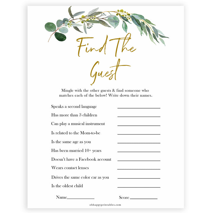 Eucalyptus baby shower games, Find The Guest baby game, fun baby shower games, printable baby games, baby shower ideas, baby games, baby shower baby shower bundle, baby shower games packs, botanical baby shower	