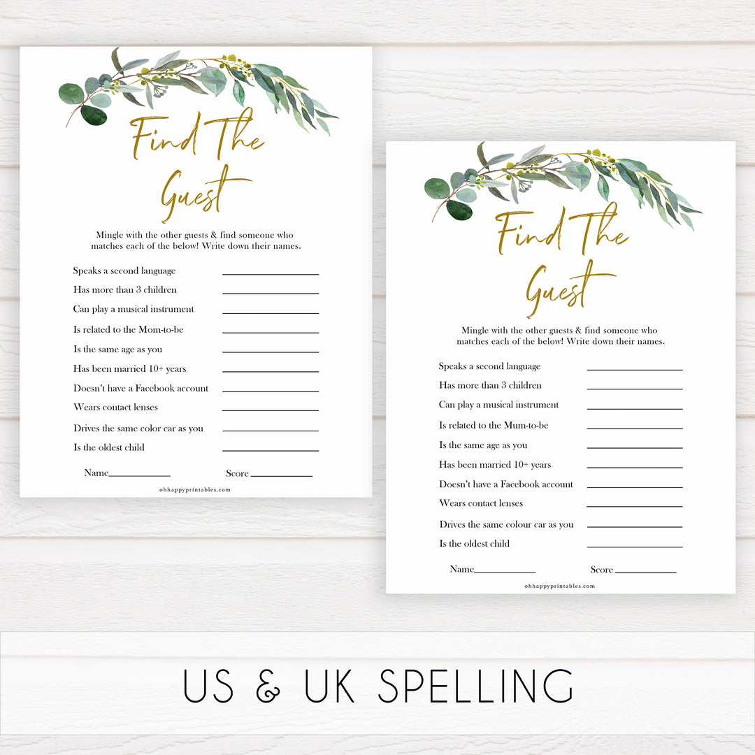 Eucalyptus baby shower games, Find The Guest baby game, fun baby shower games, printable baby games, baby shower ideas, baby games, baby shower baby shower bundle, baby shower games packs, botanical baby shower	