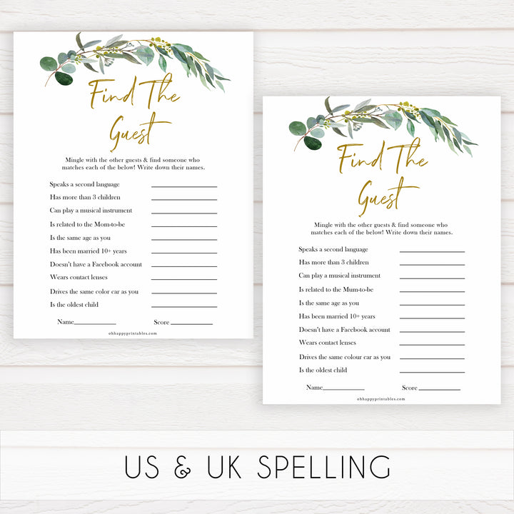 Eucalyptus baby shower games, Find The Guest baby game, fun baby shower games, printable baby games, baby shower ideas, baby games, baby shower baby shower bundle, baby shower games packs, botanical baby shower	