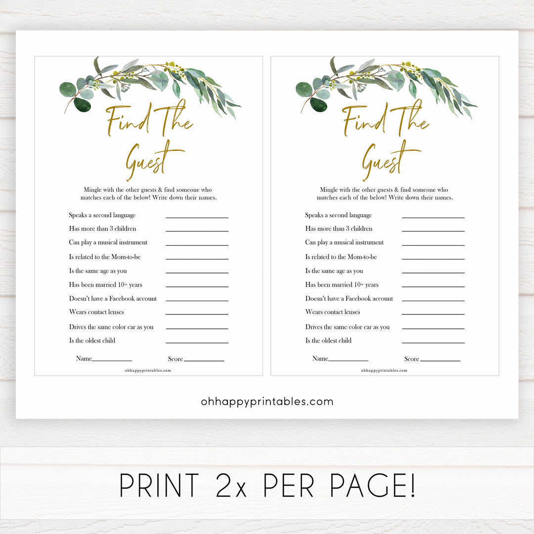 Eucalyptus baby shower games, Find The Guest baby game, fun baby shower games, printable baby games, baby shower ideas, baby games, baby shower baby shower bundle, baby shower games packs, botanical baby shower	