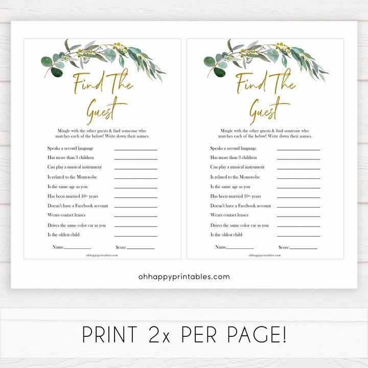 Eucalyptus baby shower games, Find The Guest baby game, fun baby shower games, printable baby games, baby shower ideas, baby games, baby shower baby shower bundle, baby shower games packs, botanical baby shower	