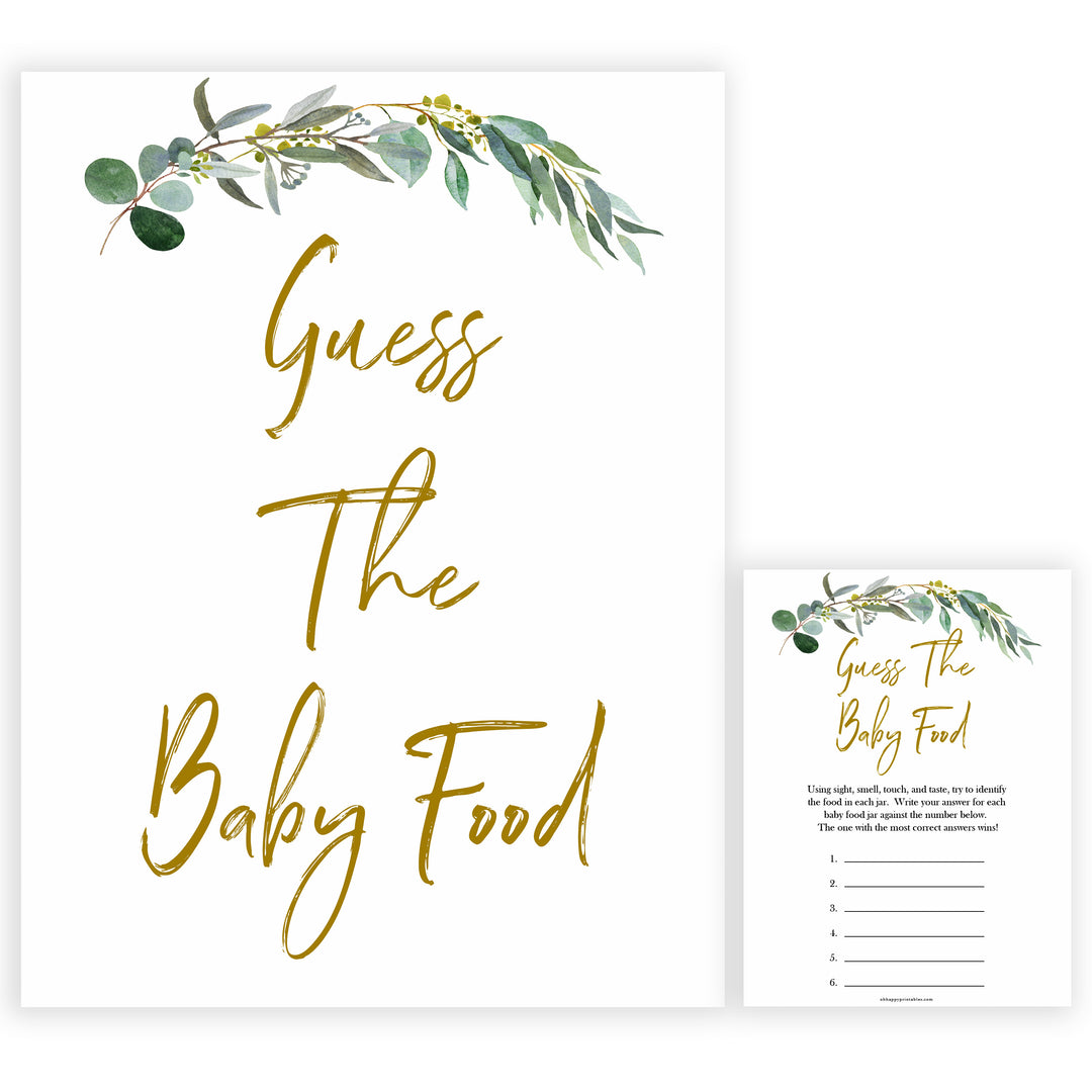 Eucalyptus baby shower games, guess the baby food baby game, fun baby shower games, printable baby games, baby shower ideas, baby games, baby shower baby shower bundle, baby shower games packs, botanical baby shower