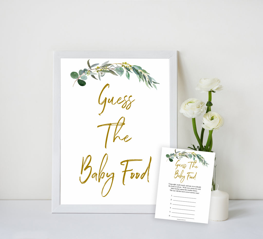 Eucalyptus baby shower games, guess the baby food baby game, fun baby shower games, printable baby games, baby shower ideas, baby games, baby shower baby shower bundle, baby shower games packs, botanical baby shower
